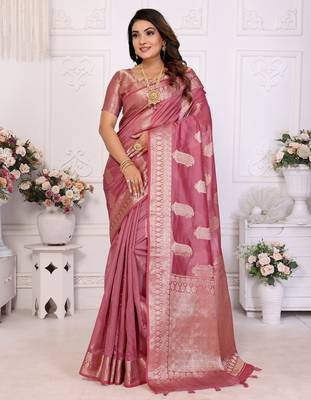 Pink weaving soft organza saree with blouse 1