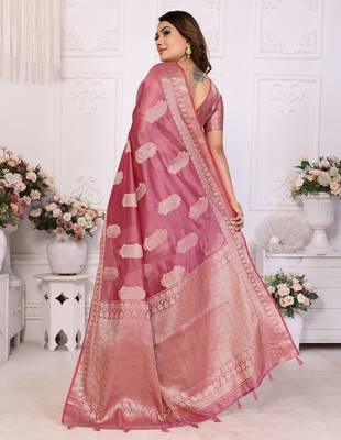 Pink weaving soft organza saree with blouse 2