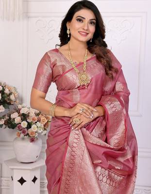 Pink weaving soft organza saree with blouse 3