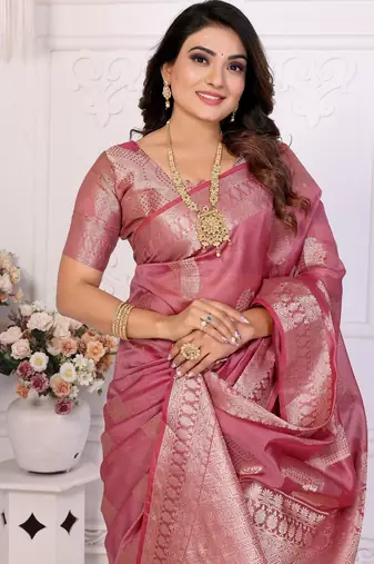 Pink weaving soft organza saree with blouse