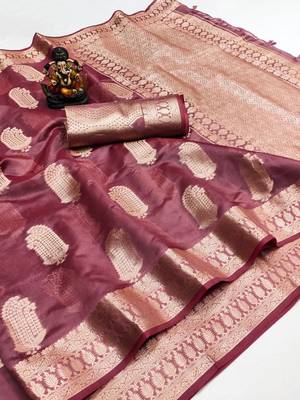 Pink weaving soft organza saree with blouse 4