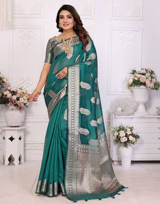 Blue weaving soft organza saree with blouse 1