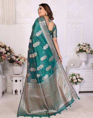 Blue weaving soft organza saree with blouse 2