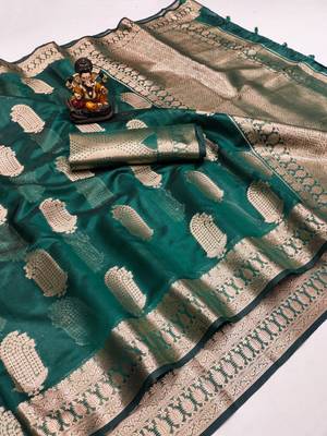 Blue weaving soft organza saree with blouse 4