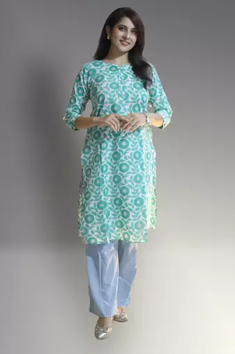 Women's cotton straight white/c-green embellished kurta