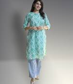 Women's cotton straight white/c-green embellished kurta