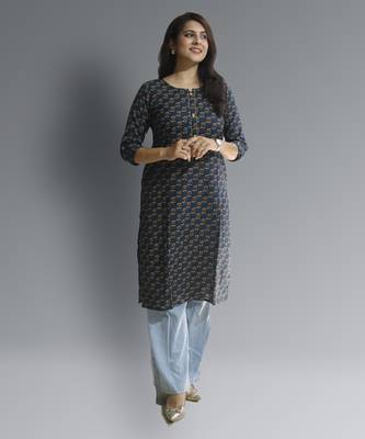Women's cotton straight blue with multi color embellished kurta 1