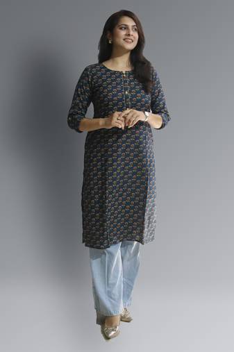 Women's cotton straight blue with multi color embellished kurta