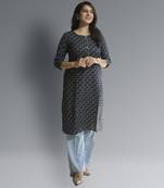 Women's cotton straight blue with multi color embellished kurta