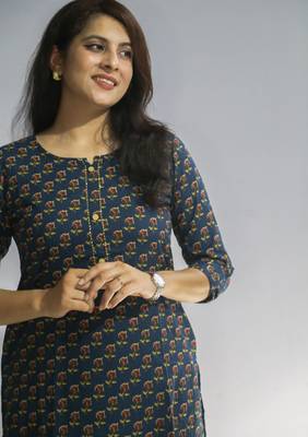 Women's cotton straight blue with multi color embellished kurta 2
