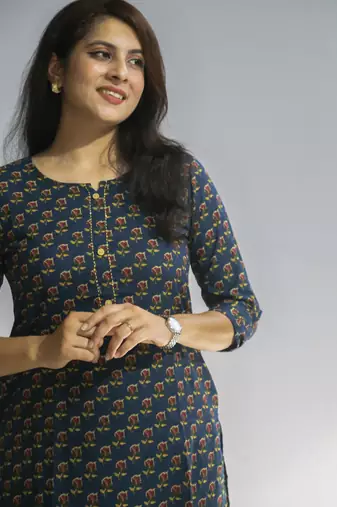 Women's cotton straight blue with multi color embellished kurta