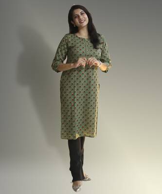 Women's cotton straight olive green with multi color embellished kurta 1