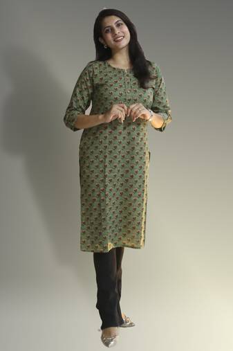 Women's cotton straight olive green with multi color embellished kurta