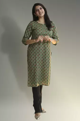 Women's cotton straight olive green with multi color embellished kurta