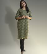 Women's cotton straight olive green with multi color embellished kurta