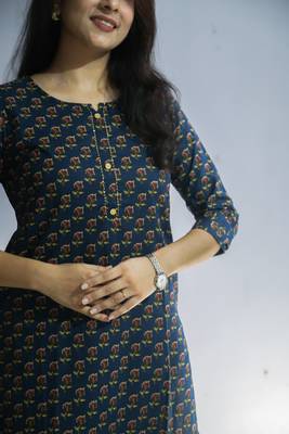 Women's cotton straight blue with multi color embellished kurta 3