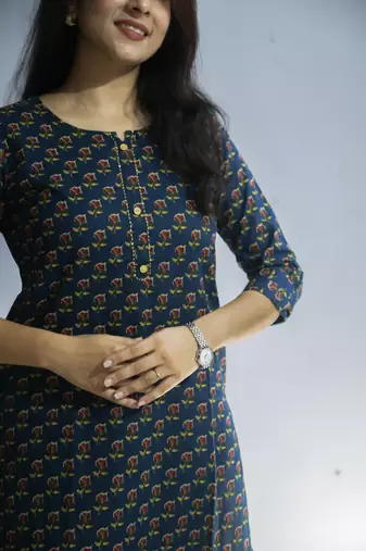 Women's cotton straight blue with multi color embellished kurta