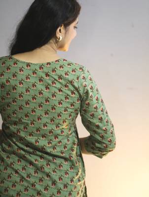 Women's cotton straight olive green with multi color embellished kurta 2