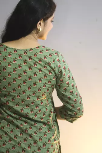 Women's cotton straight olive green with multi color embellished kurta