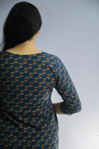 Women's cotton straight blue with multi color embellished kurta