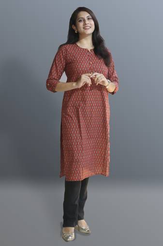 Women's cotton maroon with multi color embellished kurta