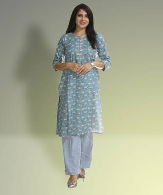 Women's cotton light blue with multi color embellished kurta 1