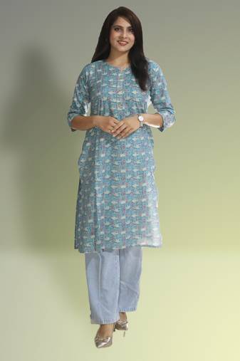 Women's cotton light blue with multi color embellished kurta