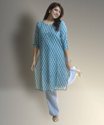 Women's cotton light blue with multi color embellished kurta 1
