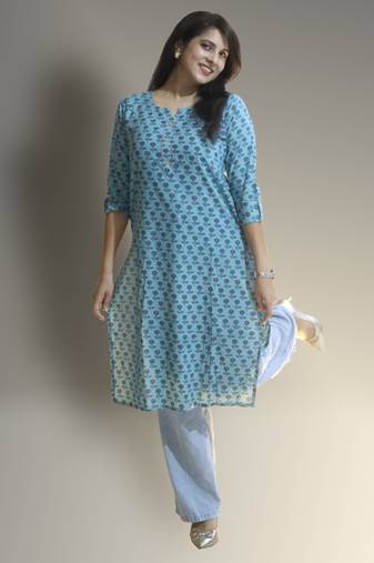 Women's cotton light blue with multi color embellished kurta