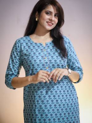 Women's cotton light blue with multi color embellished kurta 2
