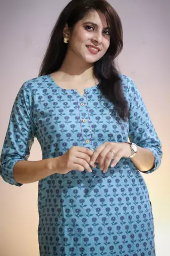 Women's cotton light blue with multi color embellished kurta