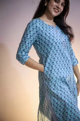 Women's cotton light blue with multi color embellished kurta