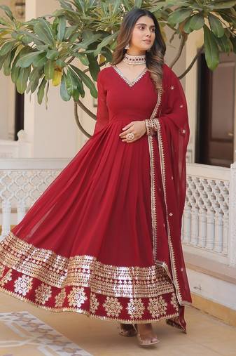 Faux Blooming Heavy Sequins Embroidered Stitched Gown with Dupatta     Maroon | 56" Length