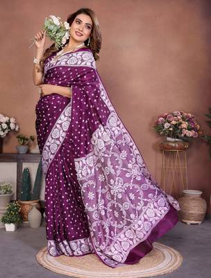 purple handmade bhandhej viscos silk blend saree with blouse 1