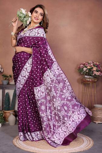 purple handmade bhandhej viscos silk blend saree with blouse
