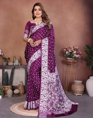purple handmade bhandhej viscos silk blend saree with blouse 2
