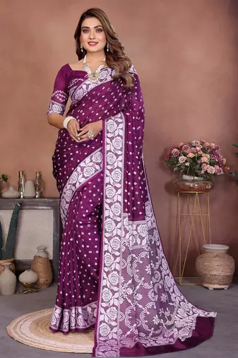 purple handmade bhandhej viscos silk blend saree with blouse