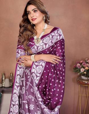 purple handmade bhandhej viscos silk blend saree with blouse 4