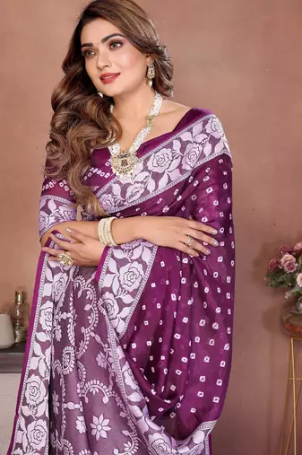 purple handmade bhandhej viscos silk blend saree with blouse