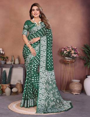 green handmade bhandhej viscos silk blend saree with blouse 1