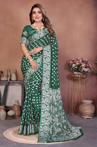 green handmade bhandhej viscos silk blend saree with blouse
