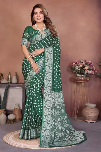 green handmade bhandhej viscos silk blend saree with blouse