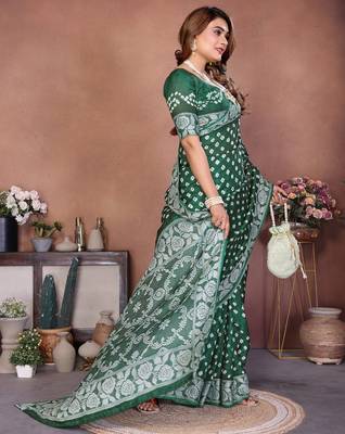 green handmade bhandhej viscos silk blend saree with blouse 2