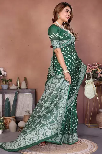 green handmade bhandhej viscos silk blend saree with blouse