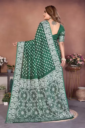 green handmade bhandhej viscos silk blend saree with blouse