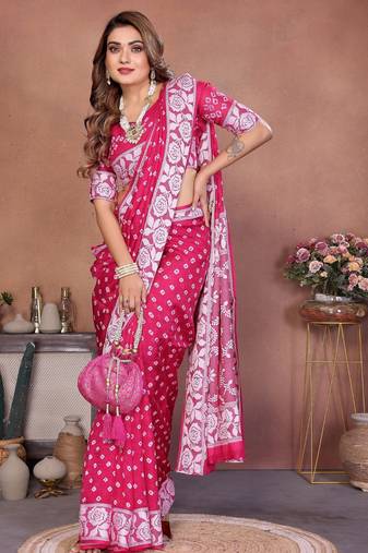 pink handmade bhandhej viscos silk blend saree with blouse