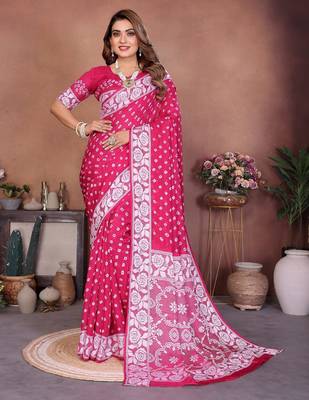 pink handmade bhandhej viscos silk blend saree with blouse 2