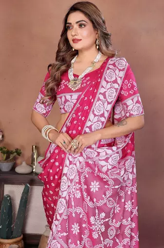 pink handmade bhandhej viscos silk blend saree with blouse