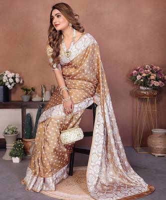 cream handmade bhandhej viscos silk blend saree with blouse 1