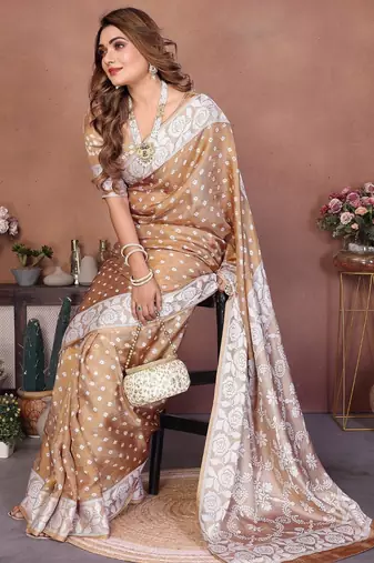 cream handmade bhandhej viscos silk blend saree with blouse